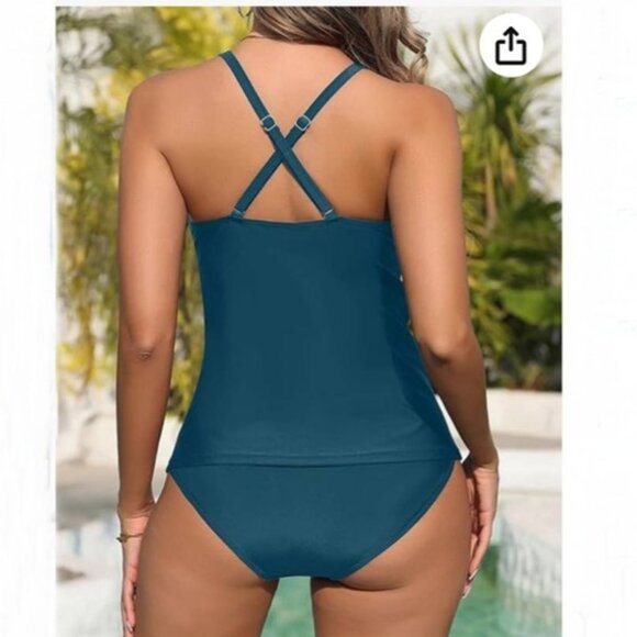 NWT Yonique Tankini Twist V Neck Top w/Tummy Control & High Cut Bottoms‎ Small - Picture 2 of 8